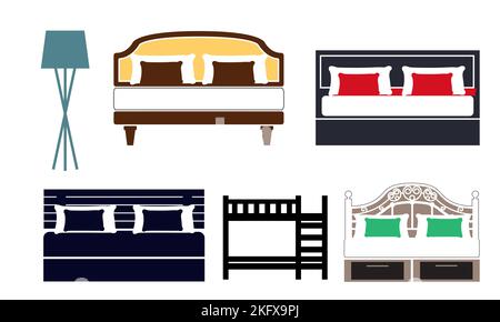 Icône de lit sur fond blanc. Illustration vectorielle. Ensemble de lits à motifs colorés avec oreillers. Mobilier moderne. Illustration vectorielle de style plat Illustration de Vecteur