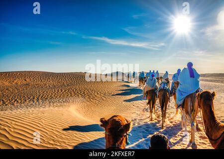 Caravane de chameaux dans le désert du Sahara en Tunisie, l'Afrique. Banque D'Images