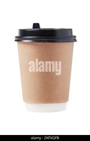 Tasse à café jetable en papier avec couvercle en plastique isolé sur blanc Banque D'Images