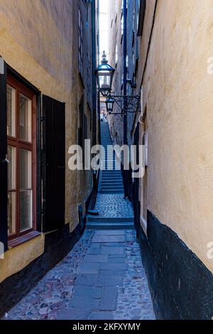 Image verticale d'une route étroite entre les bâtiments de Stockholm, en Suède Banque D'Images