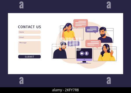 Contactez-nous modèle de formulaire pour le Web. Réunion vidéo du groupe de personnes. Réunion en ligne par vidéoconférence. Travail à distance, concept technologique. Illustration de Vecteur