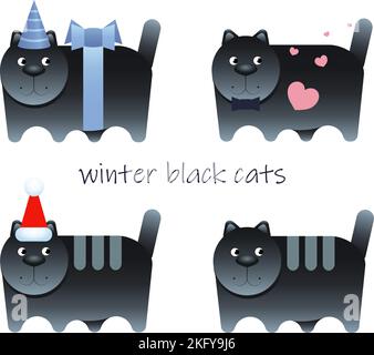 quatre chats noirs d'hiver . vecteur Illustration de Vecteur