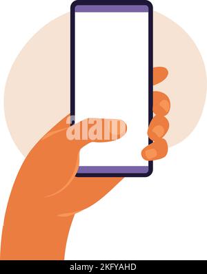 Homme tenant main smartphone avec écran blanc vierge. À l'aide d'un smartphone mobile. Conception plate. Illustration vectorielle Illustration de Vecteur