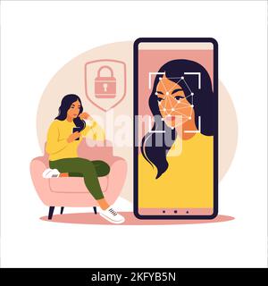 Concept de système de reconnaissance faciale. ID de face, système de reconnaissance des visages. Lecture biométrique du système d'identification faciale sur smartphone. Illustration de Vecteur