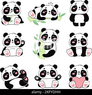 Pandas mignons. Ensemble vectoriel d'illustrations de petits en noir et blanc, imprimé animal de style plat sur fond blanc. Illustration de Vecteur