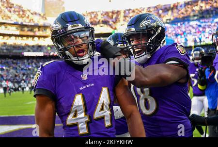 Baltimore, États-Unis. 20th novembre 2022. Le cornerback des Ravens de Baltimore Marlon Humphrey (44) célèbre une interception des Panthers de Caroline pendant la seconde moitié au stade M&T Bank à Baltimore, Maryland, dimanche, 20 novembre 2022. Baltimore a gagné 13-3. Photo de David Tulis/UPI crédit: UPI/Alay Live News Banque D'Images