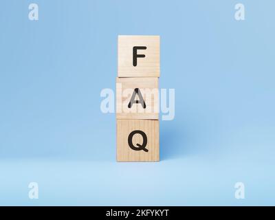 Pile de blocs de carreaux de bois sur fond bleu isolé avec abréviation FAQ, rendu 3D. Affiche de la foire aux questions sur les cubes de bois Banque D'Images