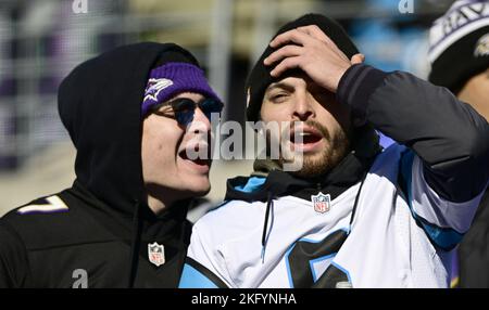 Baltimore, États-Unis. 20th novembre 2022. Les fans de Baltimore Ravens et de Carolina Panthers interagissent pendant la première moitié d'un match de la NFL au stade M&T Bank à Baltimore, Maryland, dimanche, 20 novembre 2022. Photo de David Tulis/UPI crédit: UPI/Alay Live News Banque D'Images
