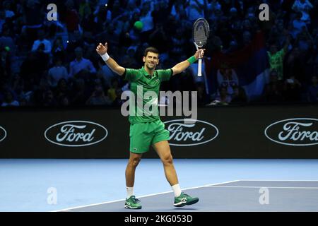 Turin, Italie. 20th novembre 2022. Novak Djokovic de Serbie célèbre après le match final des finales ATP contre Casper Ruud de Norvège à Turin, Italie, 20 novembre 2022. Credit: STR/Xinhua/Alay Live News Banque D'Images