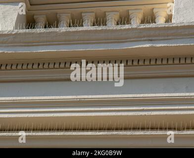 Pointes de contrôle des oiseaux, pointes anti-roosting, pointes de pigeon ou modification de la roost sur la façade d'un bâtiment. Banque D'Images