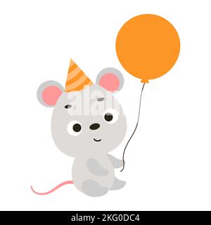 Jolie petite souris dans un chapeau d'anniversaire tenant un ballon. Personnage animal de dessin animé pour enfants t-shirt, décoration de pépinière, douche de bébé, carte de voeux, maison Illustration de Vecteur