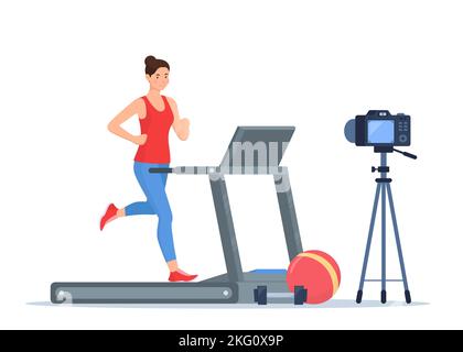 Femme blogger en train de courir sur le tapis roulant enregistrer vidéo avec l'appareil photo sur trépied. Blog de réseau social, concept de mode de vie sain. Sport streming. Vecteur i Illustration de Vecteur