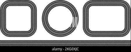 Bande de roulement rectangulaire et cadre circulaire pour pneus auto. Pneus de voiture et de moto, bande de roulement des pneus de roue. Pneu noir à bordure carrée et ronde. Vecteur Illustration de Vecteur
