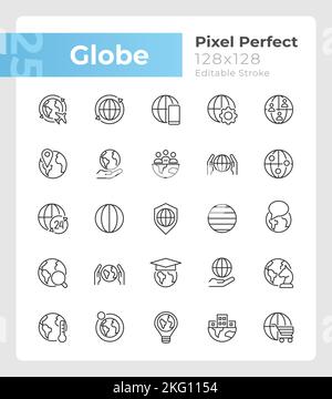 Ensemble d'icônes linéaires globe pixel Perfect Illustration de Vecteur