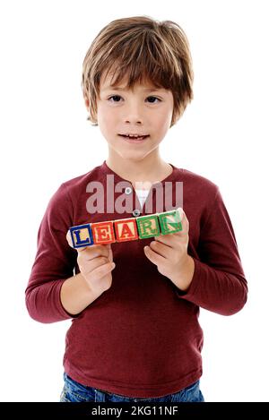 Le jeu est une question de base pour la croissance. Studio photo d'un petit garçon mignon tenant des blocs de construction qui sort le monde apprendre contre un Banque D'Images