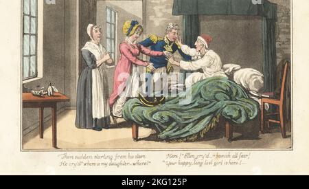 Un officier de marine anglais unit une fille à son père. L'amiral Bowscrit amène Ellen, odalisque secouru, à rencontrer Old Primrose dans la maison pauvre. Une femme de ménage regarde. Gravure sur plaque de coperplate de couleur main par Charles Williams du capitaine de poste, ou aventures d'un vrai Tar britannique par un officier naval, J. Johnston, Londres, 1817. Attribué à Alfred Thornton ou John Mitford. Banque D'Images