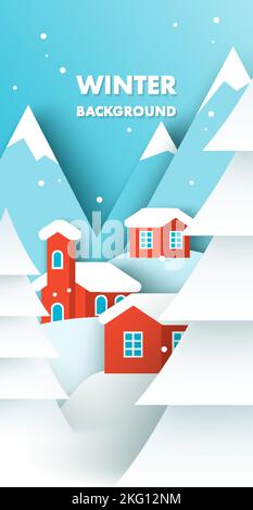 Arrière-plan d'hiver avec illustration vectorielle de village enneigée en papier coupé art artisanal de style origami. Carte postale paysage de Noël avec vallée des merveilles et Illustration de Vecteur