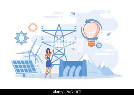 Scientifique avec des idées de développement durable panneaux solaires, hydroélectricité, vent. Énergie durable, énergie orientée vers l'avenir, concept de système d'énergie intelligent. Illustration de Vecteur