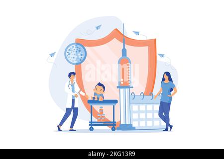 Pédiatrie et garde d'enfants. Médecin administrer l'injection. Vaccins pour nourrissons et enfants, calendrier de vaccination des nouveau-nés, concept de protection contre les maladies infantiles. Illustration de Vecteur