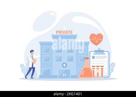 Médecin pointant vers un centre de soins de santé privé avec des services médicaux. Soins de santé privés, services médicaux privés, concept de centre de soins de santé. flat vec Illustration de Vecteur