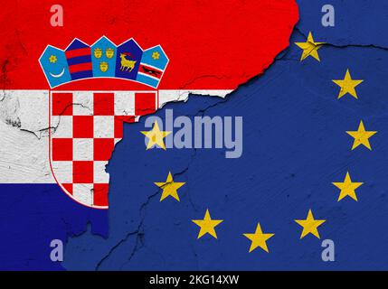 Drapeaux de l'UE et de la Croatie. Relations internationales. Banque D'Images