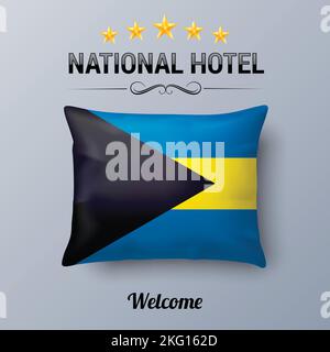 Oreiller réaliste et drapeau des Bahamas en tant que Symbol National Hotel. Couvre-oreiller drapeau avec drapeau bahamien Illustration de Vecteur