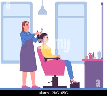 Les gens dans le salon de beauté. Coiffeur coiffeur. Coiffeur avec le client. Cheveux professionnels. Coiffeur en train de réaliser une coupe de cheveux. Femme assise sur un fauteuil Illustration de Vecteur