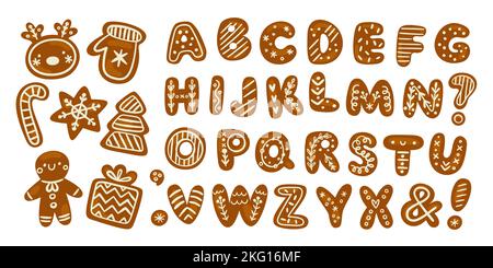 Alphabet de pain d'épice. Biscuits de Noël au sucre. Biscuits au gingembre avec décorations glaçantes. Majuscules et chiffres. Éléments de police de congés. Pâtisserie Illustration de Vecteur