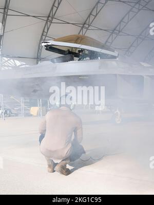 BASE CONJOINTE LANGLEY-EUSTIS, va—Airman 1st classe Taara Basnet, chef d'équipage du 94th Fighter Generation Squadron, se tient à côté d'un pilote qui lance un avion en préparation de la commémoration de la bataille d'Angleterre tenue par le 94th Fighter Squadron, joint base Langley-Eustis, Virginie, le 21 octobre 2022. Au cours de l'événement, les pilotes ont été affectés aux rôles d'agir en tant que forces britanniques défendant la côte britannique tandis que les forces allemandes ont attaqué de France. Banque D'Images