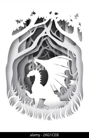 Silhouette magique et imaginaire de personnage de conte de fées, illustration vectorielle. Magnifique composition de conte de fées dans le style artisanal de l'art du papier. Illustration de Vecteur