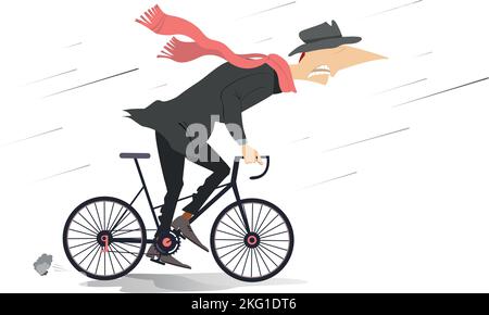 Une journée pluvieux et venteuse et un homme fait du vélo. Illustration. Homme de vélo sous le vent et la pluie forts. Isolé sur fond blanc Illustration de Vecteur