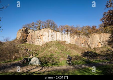 Mur de roche de la montagne Stenzelberg dans la chaîne de colline de Siebengebirge près de Koenigswinter, la montagne a servi de carrière pour la latite de quartz jusqu'à la Banque D'Images