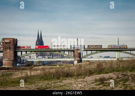 Train de marchandises sur la Suedbruecke, vue sur la cathédrale, Cologne, Allemagne. Gueterzug auf der Suedbruecke, Blick zum Dom, Koeln, Allemagne. Banque D'Images