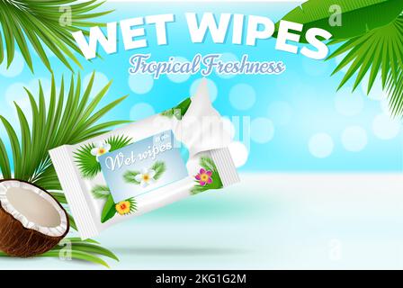 Lingettes humides fraîcheur tropicale publicité modèle de conception d'affiche, illustration réaliste de vecteur. Serviettes cosmétiques humidifiées pour les soins de la peau en paquet, coco Illustration de Vecteur