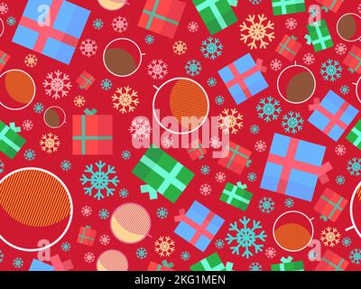 Motif de Noël sans coutures avec boules de Noël, flocons de neige, 3D boîtes-cadeaux. Motif de Noël dans le style géométrique de memphis. Design de Noël pour l'impression et Illustration de Vecteur