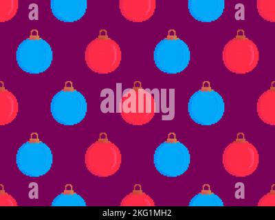 Motif de boules de Noël en pixels sans coutures. Boules de Noël en couleur rouge et bleue de style pixel art. jeux rétro 8 bits des 80s et 90s. Conception pour prin Illustration de Vecteur