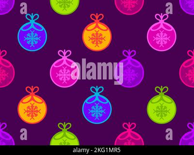 Boules de Noël à motif sans couture avec flocon de neige à l'intérieur. Boules de Noël multicolores avec noeuds. Motif Noël pour cartes de vœux, affiches et bannières. Illustration de Vecteur
