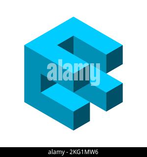 Modèle de conception de logo en forme de cube abstrait bleu. Illusion optique, astuce visuelle. 3D boîte isométrique avec deux lettres C. objet d'architecture géométrique. Illustration de Vecteur