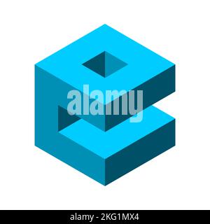 Modèle de conception de logo en forme de cube abstrait bleu. Construction avec un trou sur le dessus. 3D boîte isométrique avec deux lettres C. objet d'architecture géométrique. Illustration de Vecteur