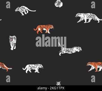 Dessin à la main vecteur résumé stock d'illustrations graphiques modernes, bohème contemporain sans couture imprimé avec sauvage mignon orange tigres animaux lune Illustration de Vecteur