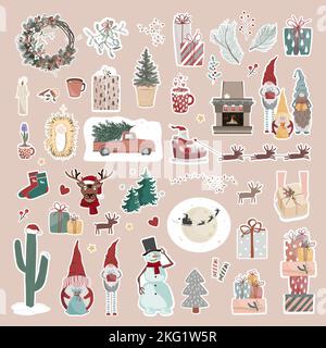 Ensemble d'autocollants de Noël avec éléments de dessin animé du nouvel an, personnages et objets. Grande collection Noël pour carte de vœux, autocollants vacances d'hiver Illustration de Vecteur