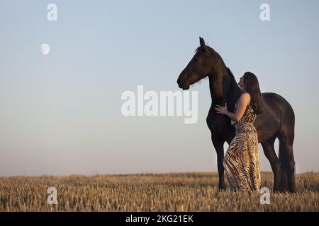 jeune femme avec jument de friesian Banque D'Images