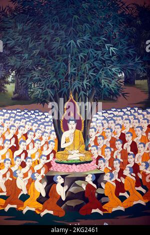La vie du Bouddha, Siddhartha Gautama. Bouddha avec disciples, enseignement. Temple Wat Botum. Fresque murale. Phnom Penh. Cambodge. Banque D'Images