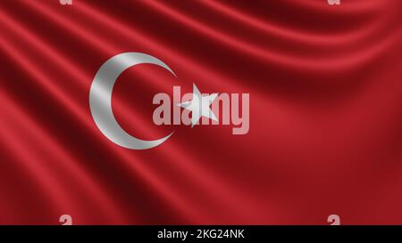 Rendu du drapeau de la Turquie flotte dans le vent gros plan, le drapeau national de la Turquie flotte en résolution 4K, gros plan, couleurs: RVB. Banque D'Images