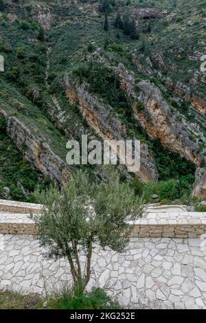 Vue sur la vallée de Kannoubine et escalier menant au monastère orthodoxe de notre-Dame de Hamatoura, Kousba, Liban Banque D'Images