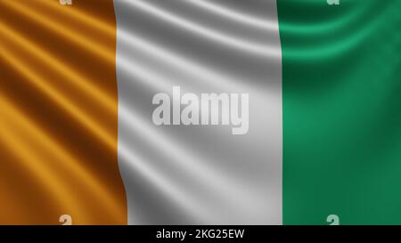 Rendu du drapeau de la Côte d'Ivoire flotte dans le vent en gros plan, le drapeau national de la Côte d'Ivoire flotte en résolution 4K, gros plan, couleurs: RVB. Banque D'Images