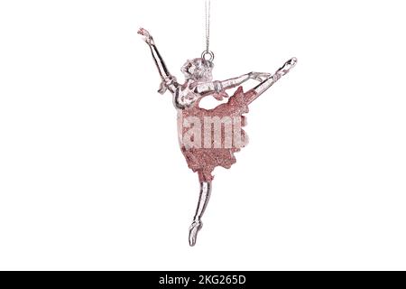 Jouet ballerine, danseuse de danse en cristal, figurine isolée sur fond blanc. Décoration arbre de Noël. Banque D'Images