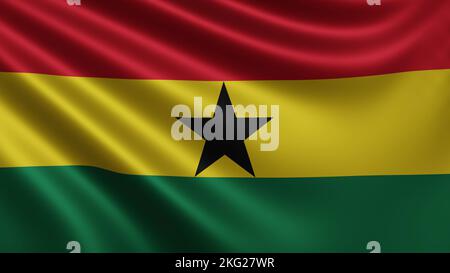 Rendu du drapeau du Ghana flitters dans le vent gros plan, le drapeau national du Ghana flitters en résolution 4K, gros plan, couleurs: RVB. Banque D'Images