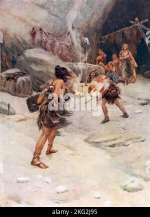 Illustration vintage vers 1900 montrant des hommes préhistoriques vêtus de peaux et de fourrures engagés dans le combat à l'extérieur d'une grotte peinte par l'artiste William Wiehe Collins Banque D'Images