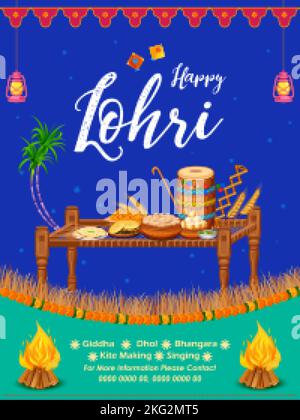 Les gens fêtent et dansent bhangra pour les vacances de Lohri heureux fond pour le festival Punjabi Inde Illustration de Vecteur